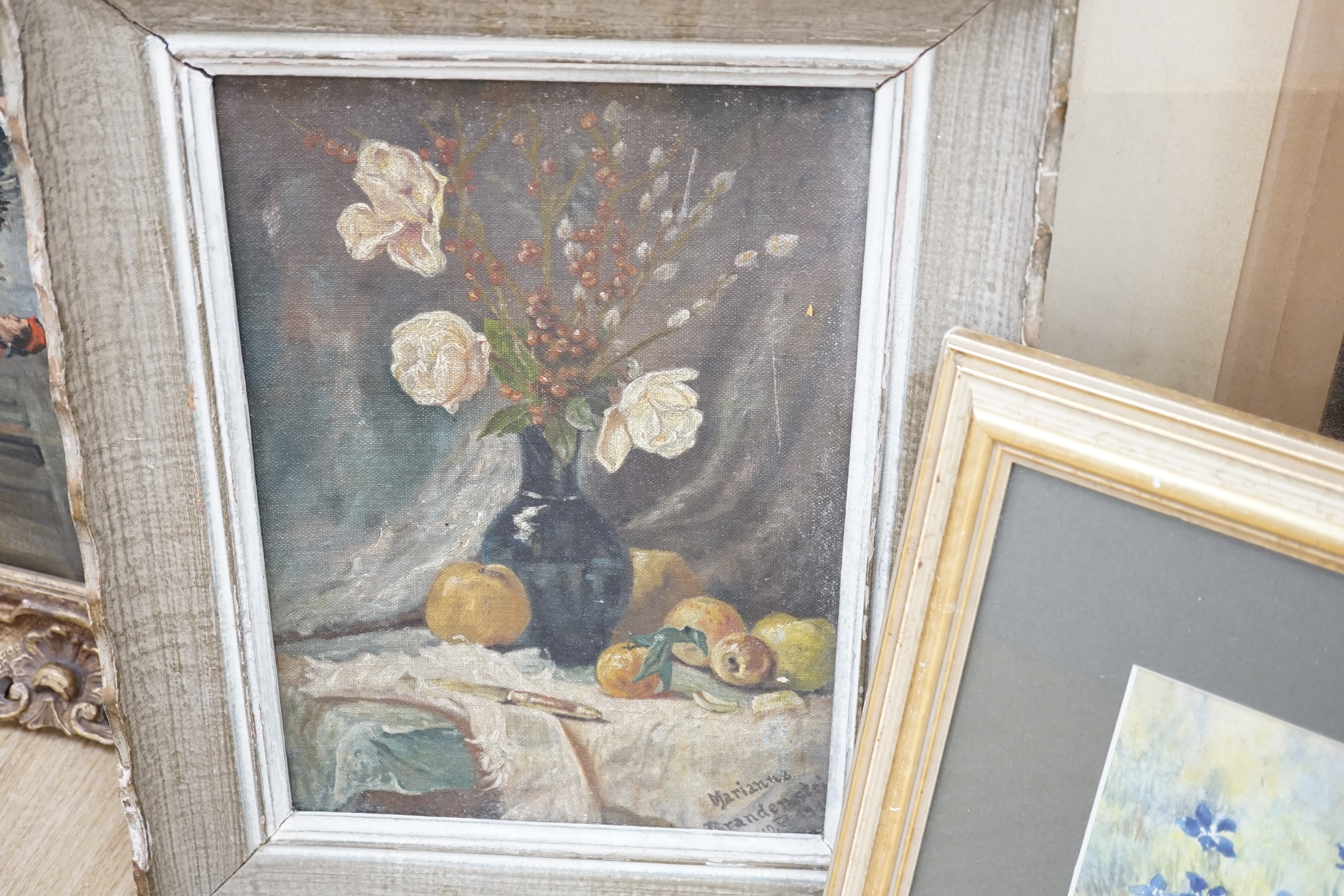 20th century, French school, oil on canvas, still life of flowers, and a watercolour of flowers, monogrammed FMW and dated ‘27, largest 32 x 23cm. Condition - fair